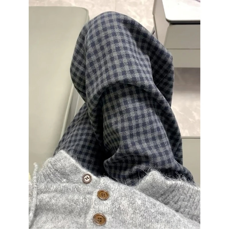 复古宽松中线格子裤女2025新款慵懒风阔腿裤毛呢直筒经典拖地裤