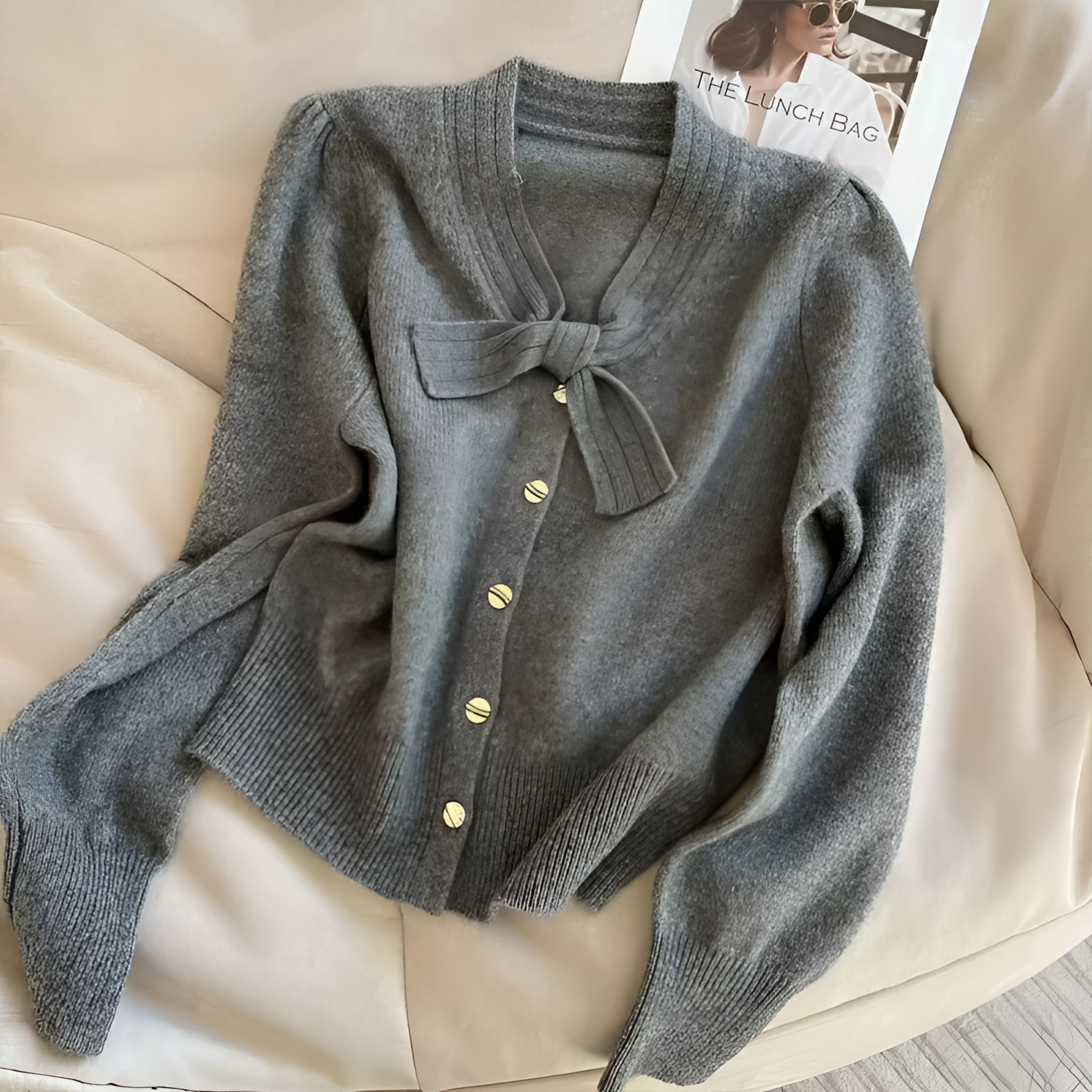 别致交叉领蝴蝶结毛衣开衫女2025秋冬新款百搭温柔浪漫长袖上衣女