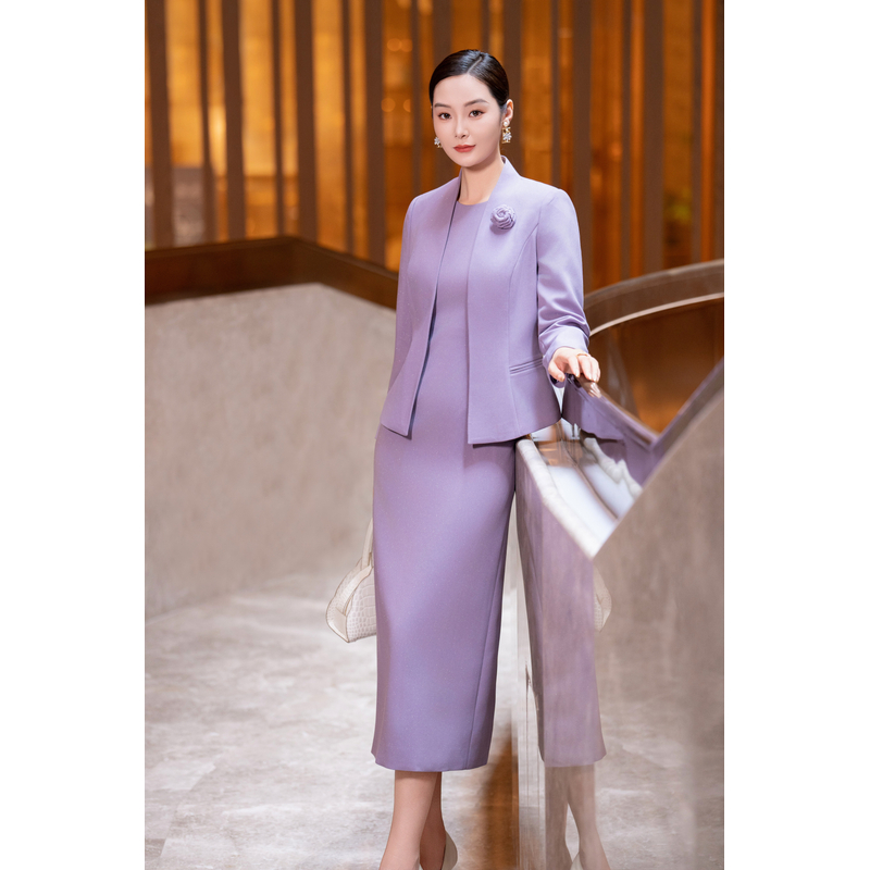 2025年新款人棉混纺浅紫连立领外套拼接乔其纱气质两件春秋长袖