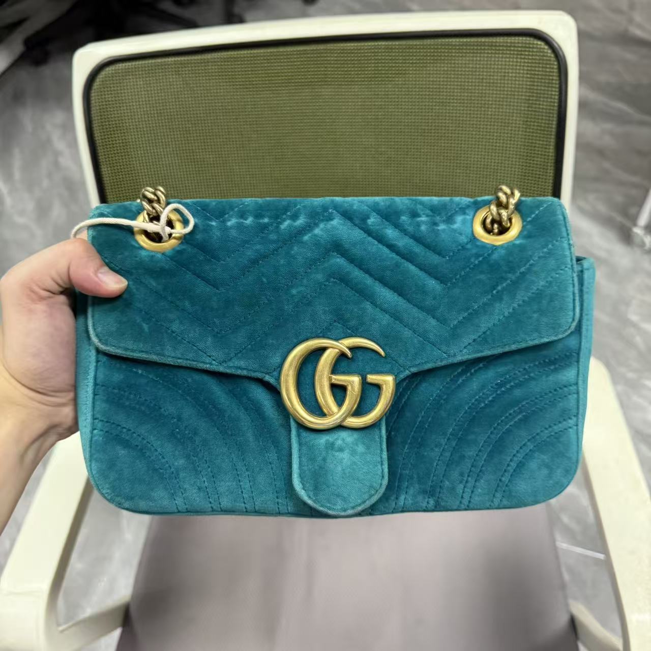 95新 GUCCI/古驰 【安则专属】绿色丝绒马蒙26链条包