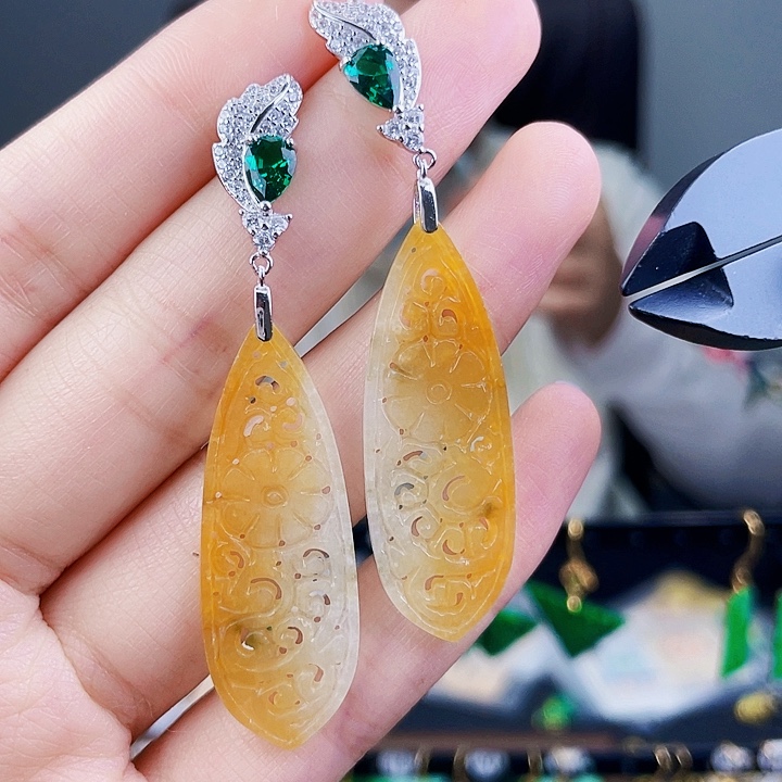 翡翠耳饰银S925镶嵌饰品