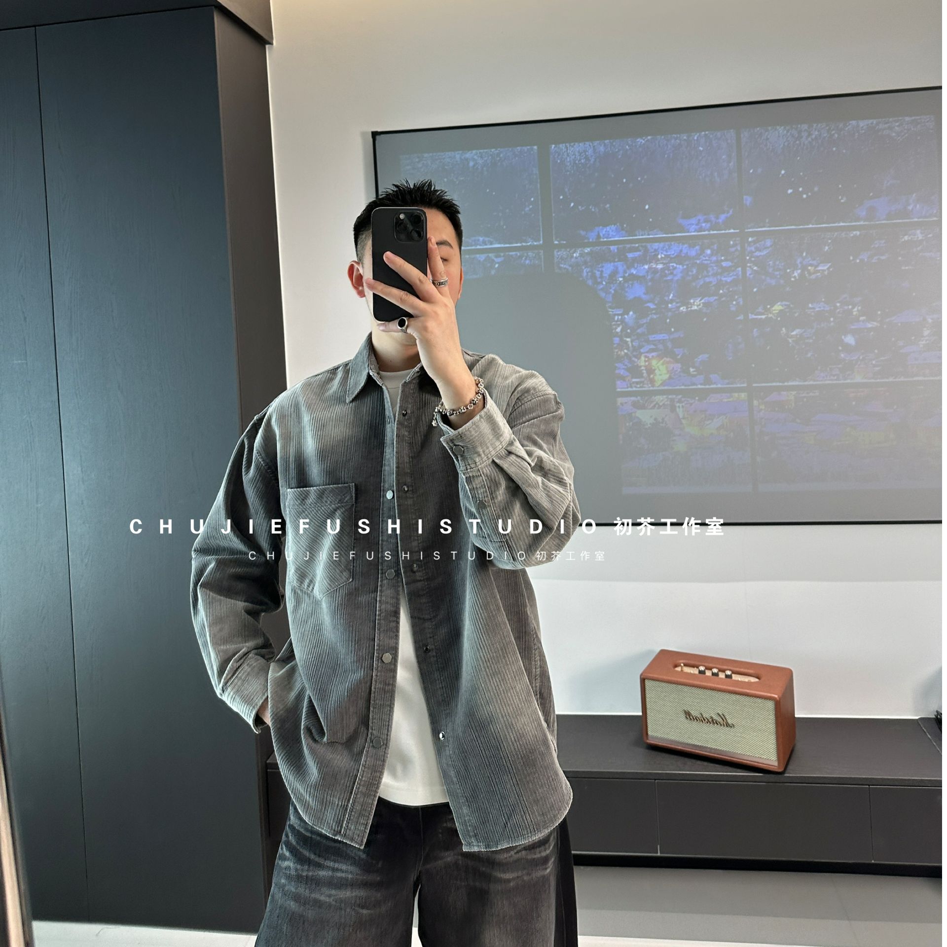 CHUJIE韩版水洗做旧微宽松时尚休闲灯芯绒衬衫