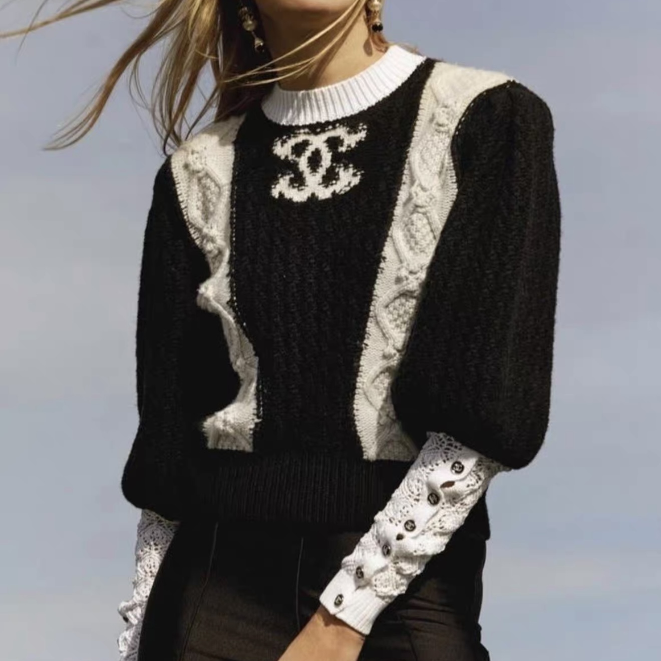 99新 Chanel/香奈儿 21A城堡系列泡泡袖黑白针织毛衣40码