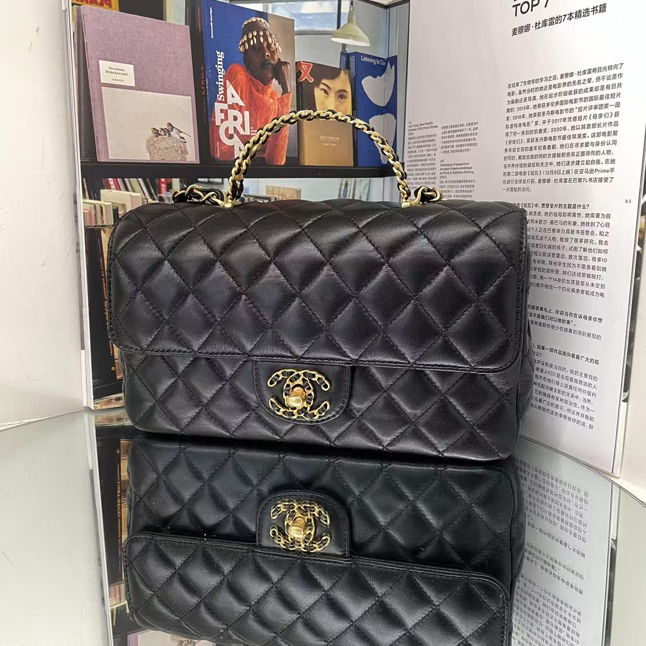 99新 Chanel/香奈儿 闲置24c黑金羊皮字母手柄cf小号 斜挎包