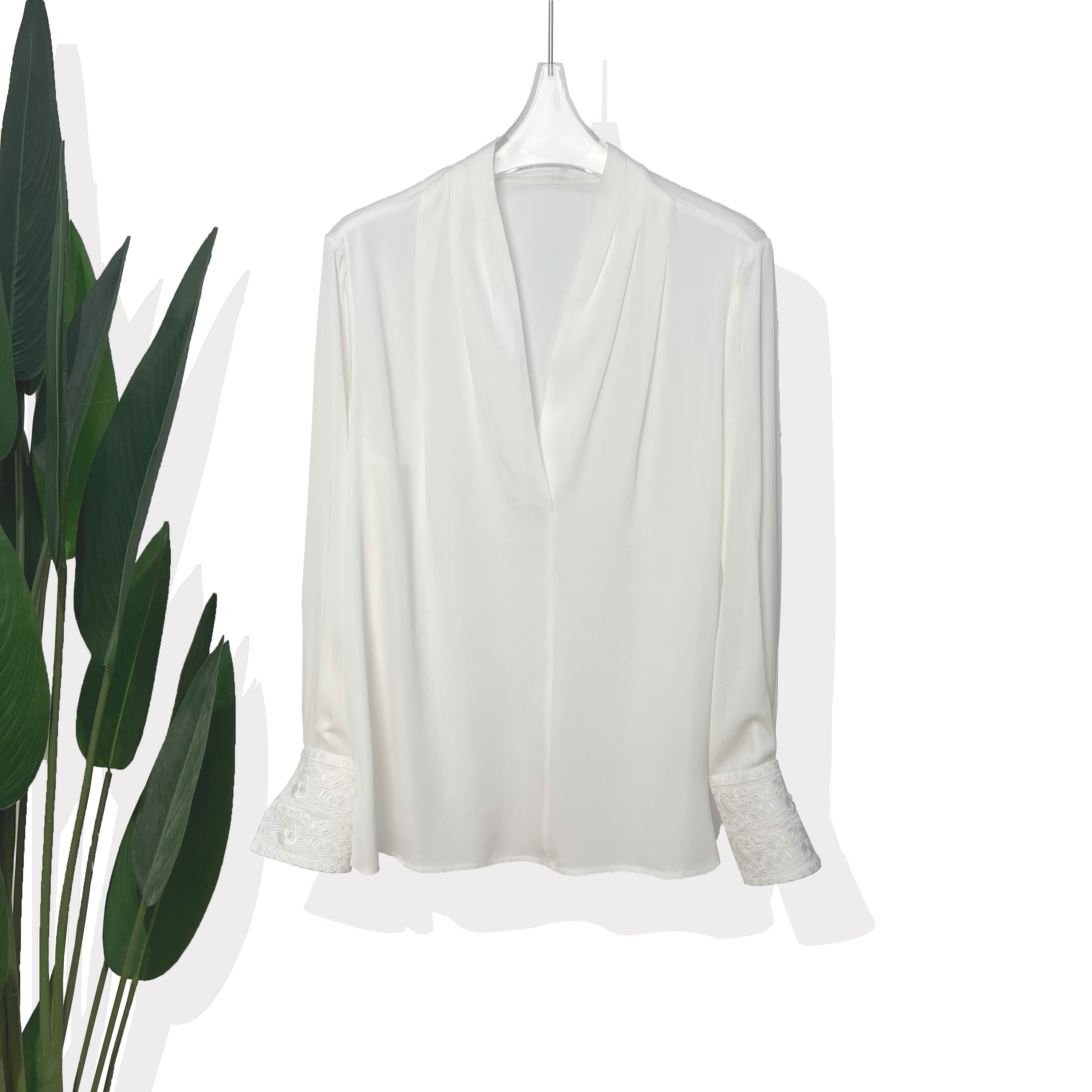 【KN.COLOR】桑蚕丝真丝简约春夏刺绣/绣花春季长袖轻奢V领衬衫袖