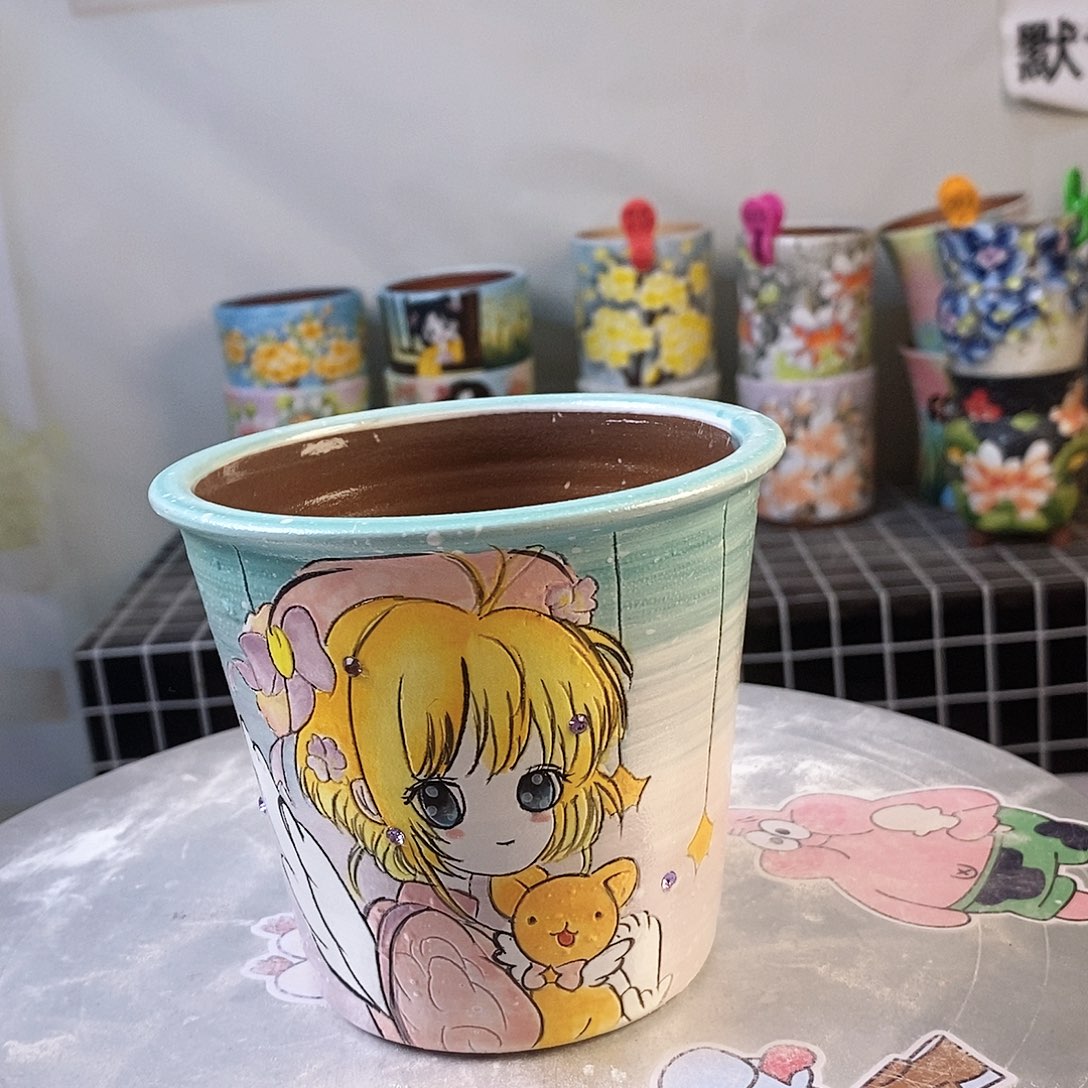 紫砂花盆红陶手绘花盆