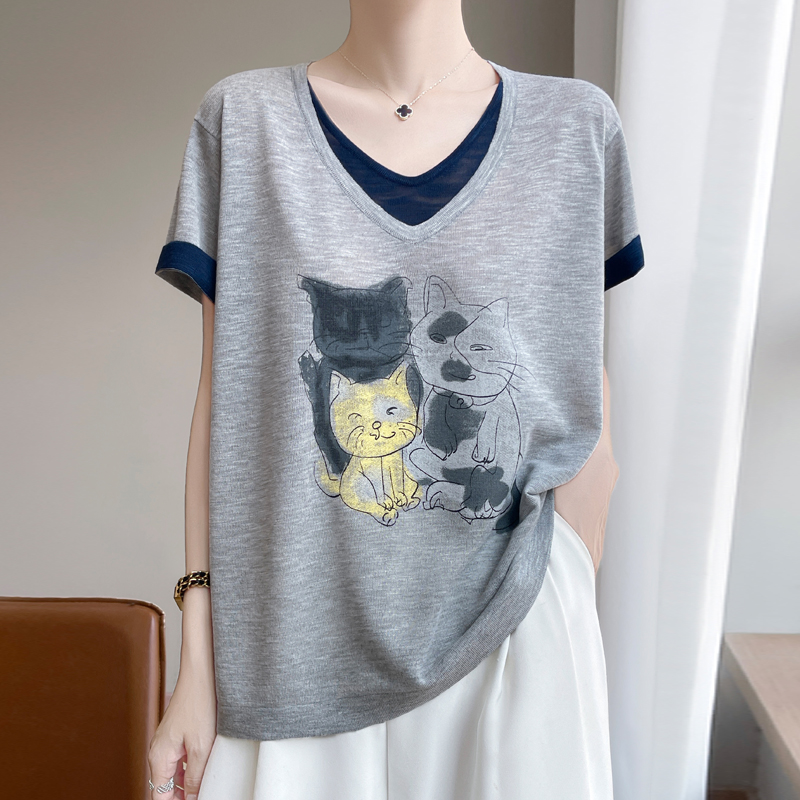 羊范夏季竹节麻双V领针织短袖女士猫咪印花假两件洋气T恤百搭上衣