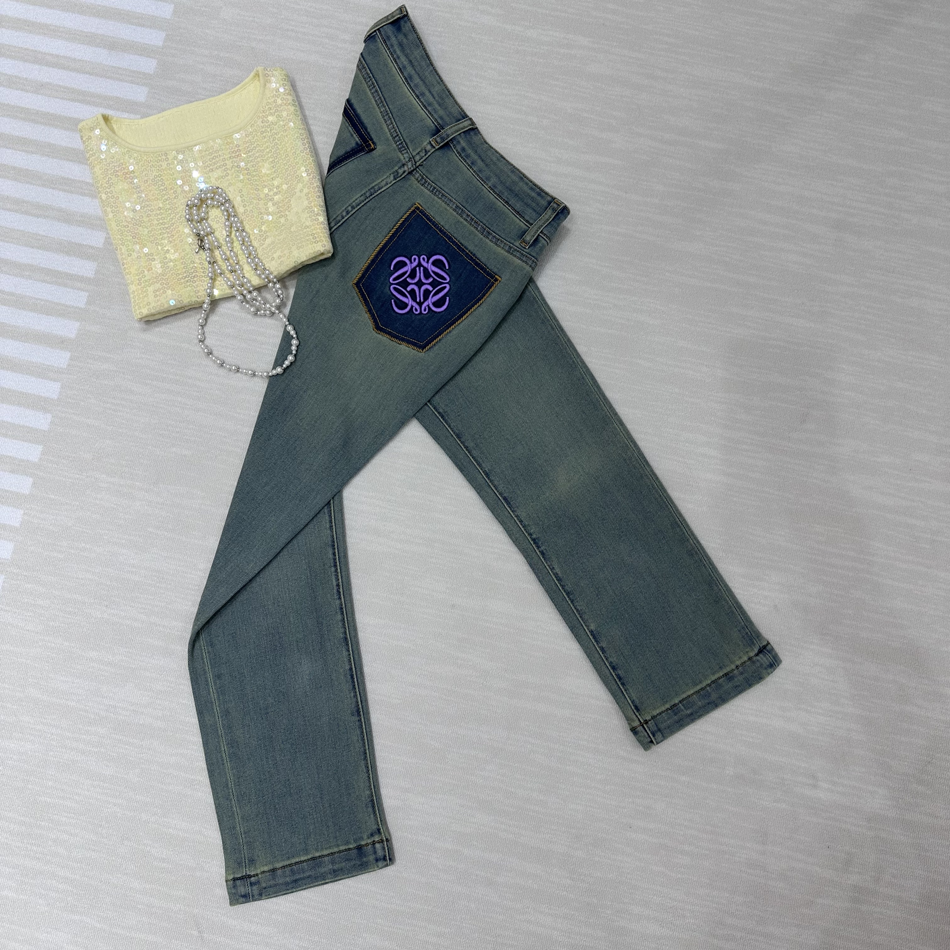 夏季新款九分刺绣窄版直筒裤蓝色弹力显高显瘦牛仔裤女4823