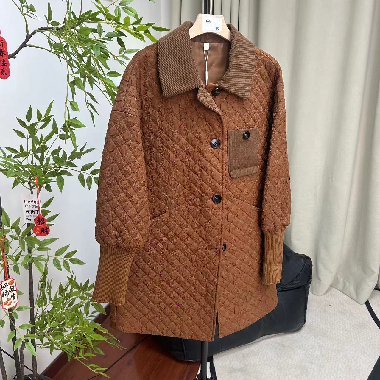 【F012】高级感下摆弧形单排扣夹棉保暖棉衣