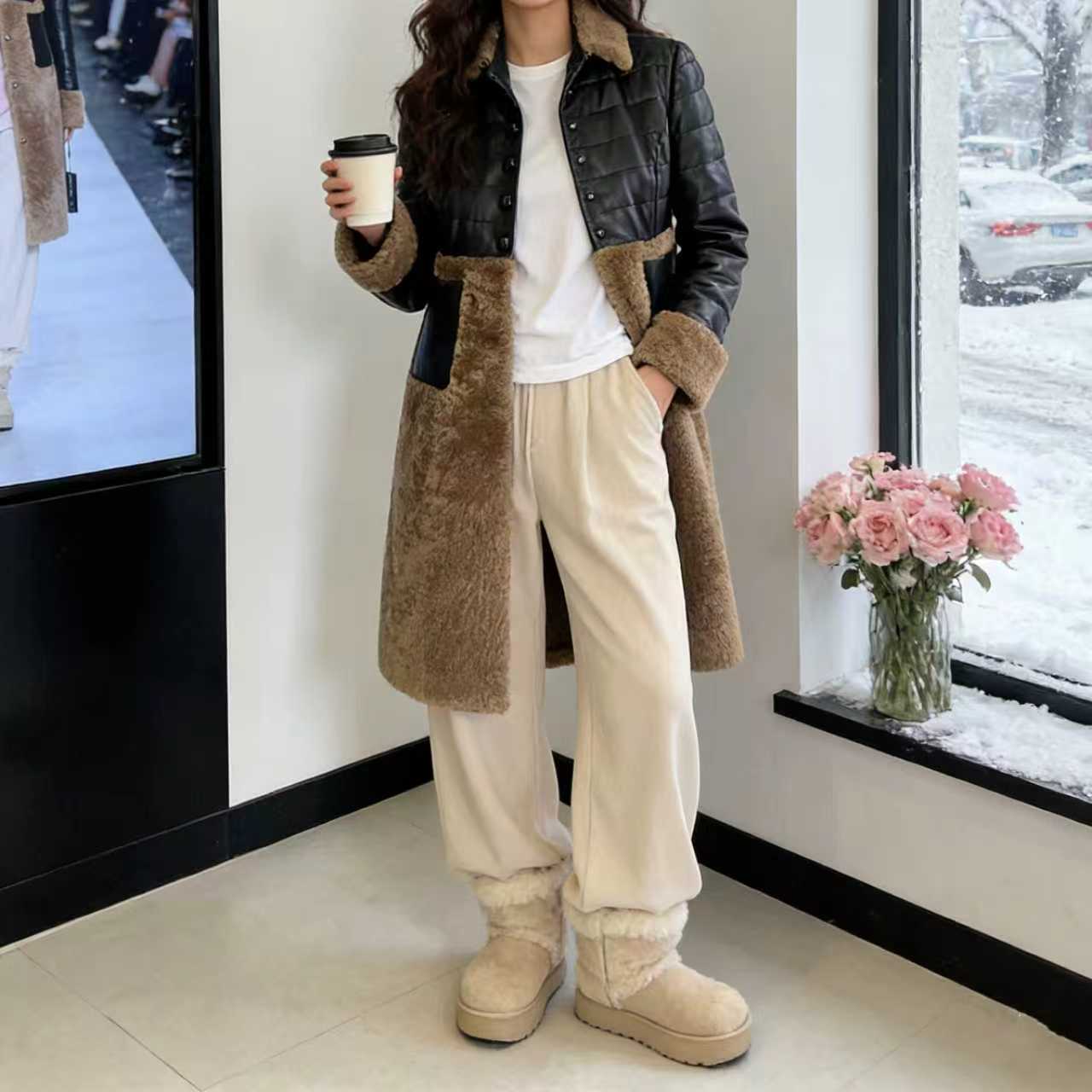 女士秋冬中长款加绒加厚可拆卸内胆毛领修身显瘦皮衣外套