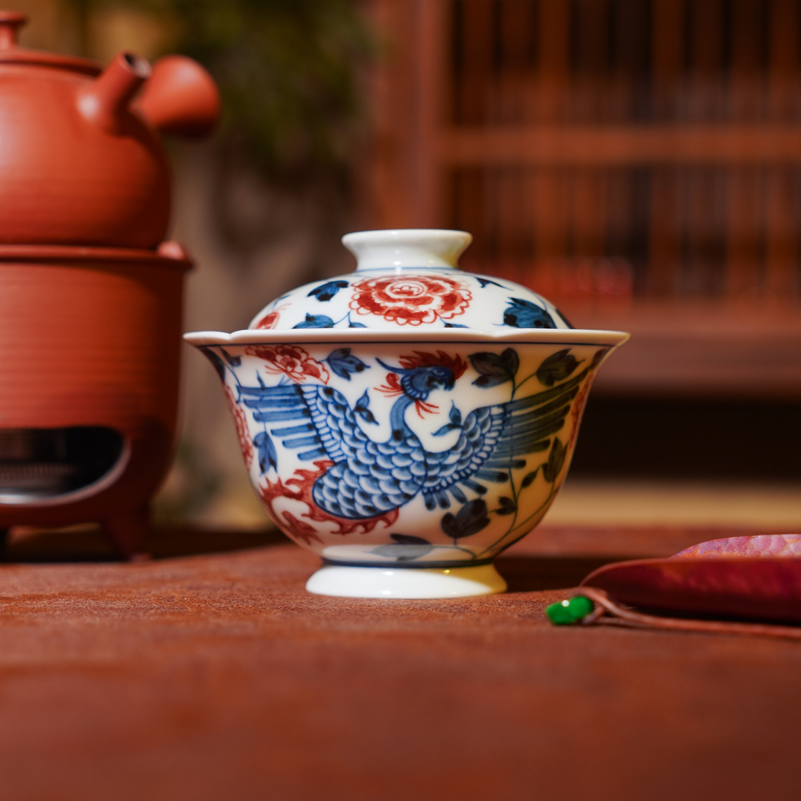  缠枝莲凤凰盖碗  茶具中式茶道喝茶用手工 YXS1479