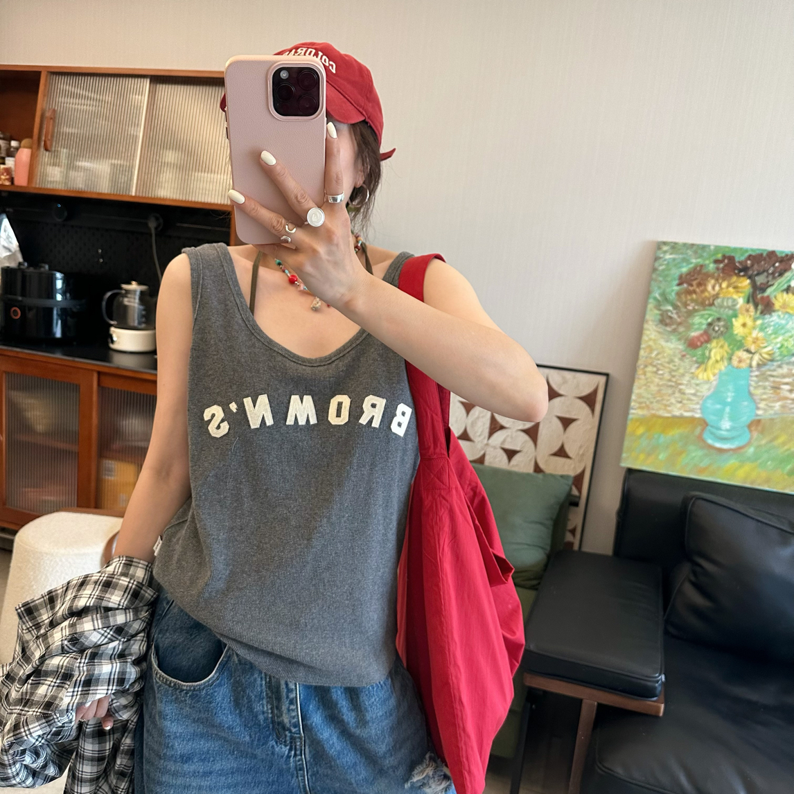 qiqi/琦琦推荐纯棉低圆领贴布字母宽松无袖ins背心外穿女百搭经典