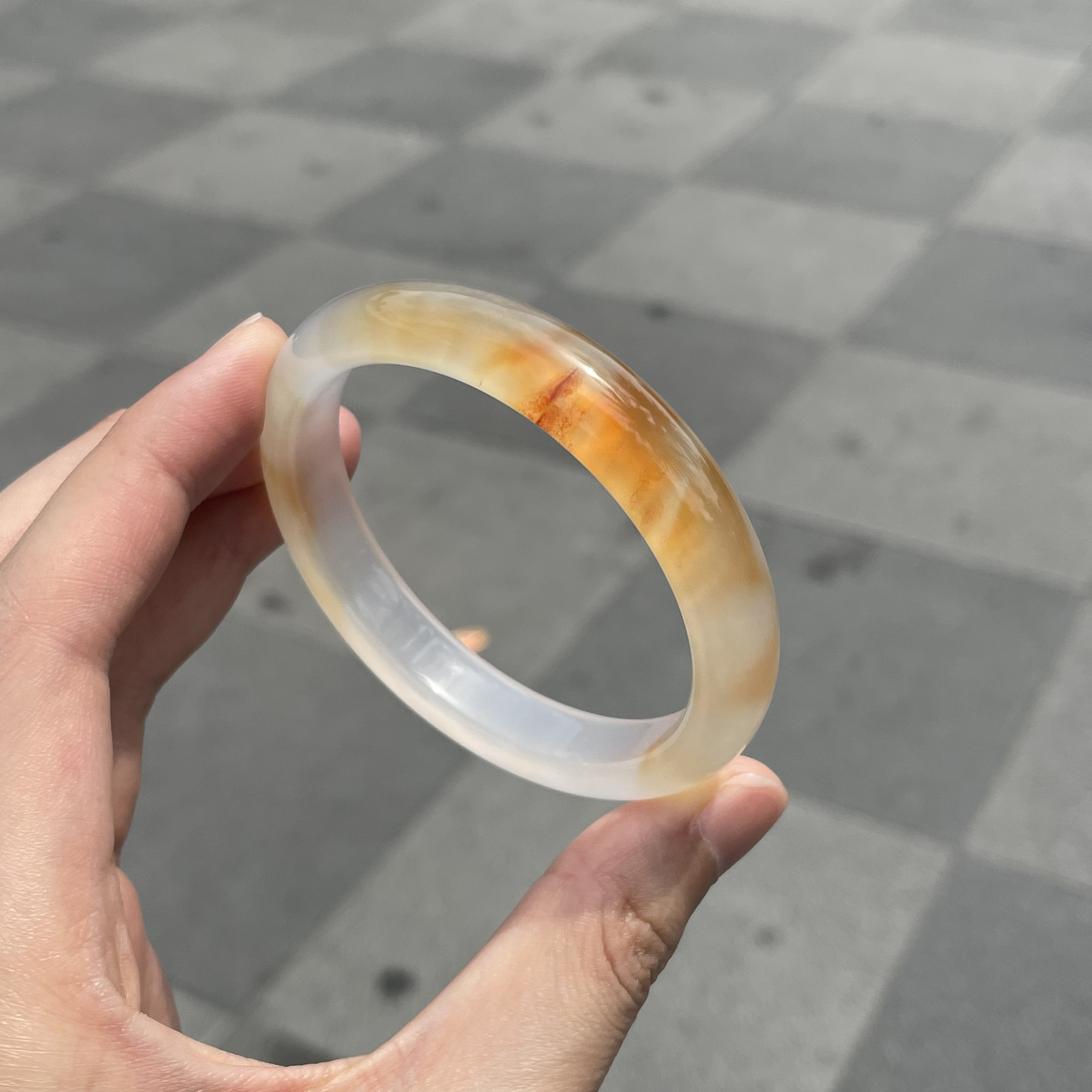 圈口56+正圈橘色半山水飘糖飘纹飘细沙-玛瑙