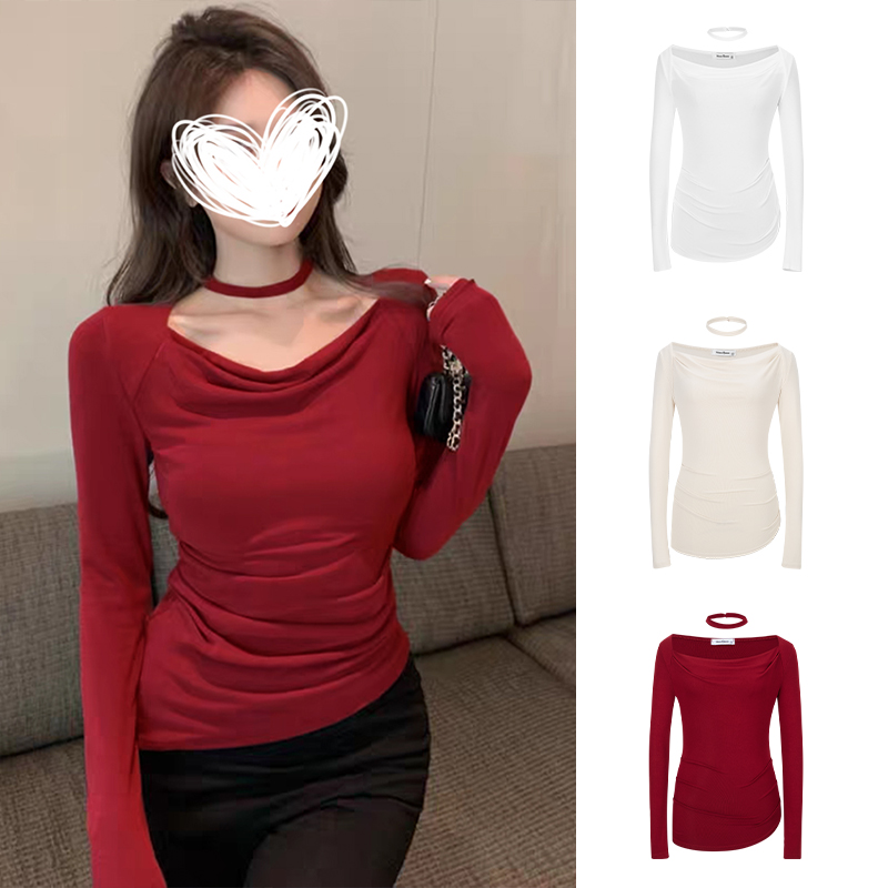 Moses Queen/魔西女王通勤修身型纯欲风荡领挂脖长袖内搭打底T恤