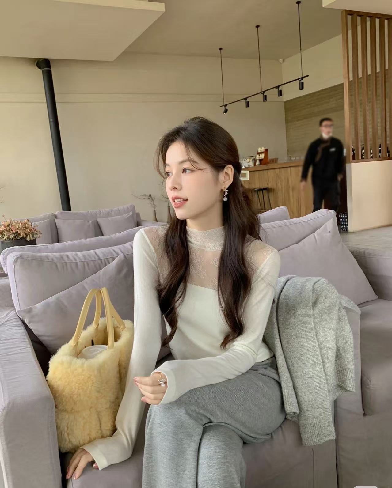 【6185】女#网纱拼接时尚百搭修身上衣