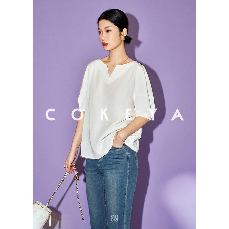 COKEYA/宫廷折纸艺术~冰感竹节天丝亚麻五分泡泡袖宽松显瘦衬衫
