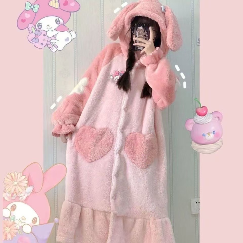 【亏本冲量】美乐蒂珊瑚绒睡袍加厚长款浴袍粉色家居服套装