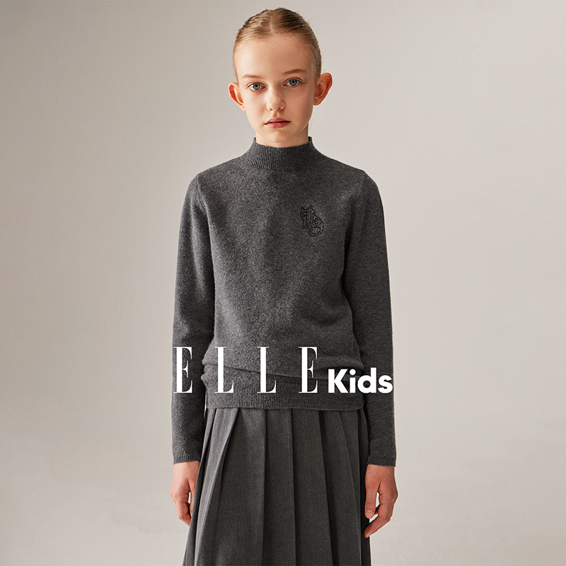 ELLE KIDS童装猫咪刺绣半高领毛衣女童秋季新学院风套头针织衫Q4