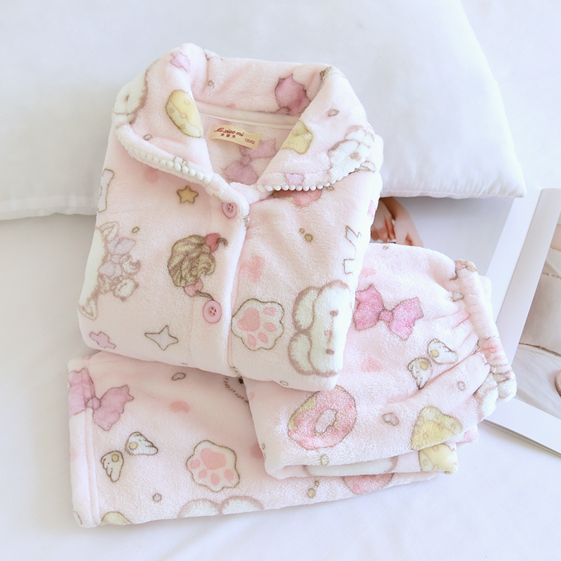 米筱米儿童睡衣套女童珊瑚绒秋冬加厚法兰绒家居服宝宝女童睡衣