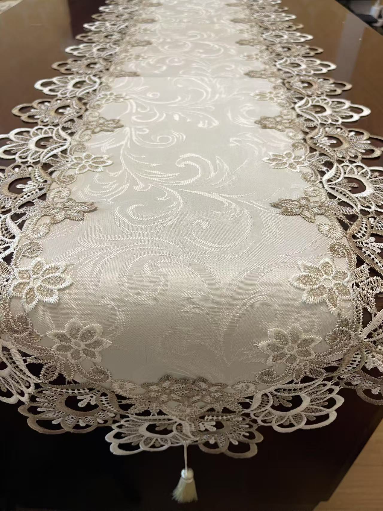 欧式轻奢贡缎高清风凰提花百财花边餐桌茶几电视柜桌旗