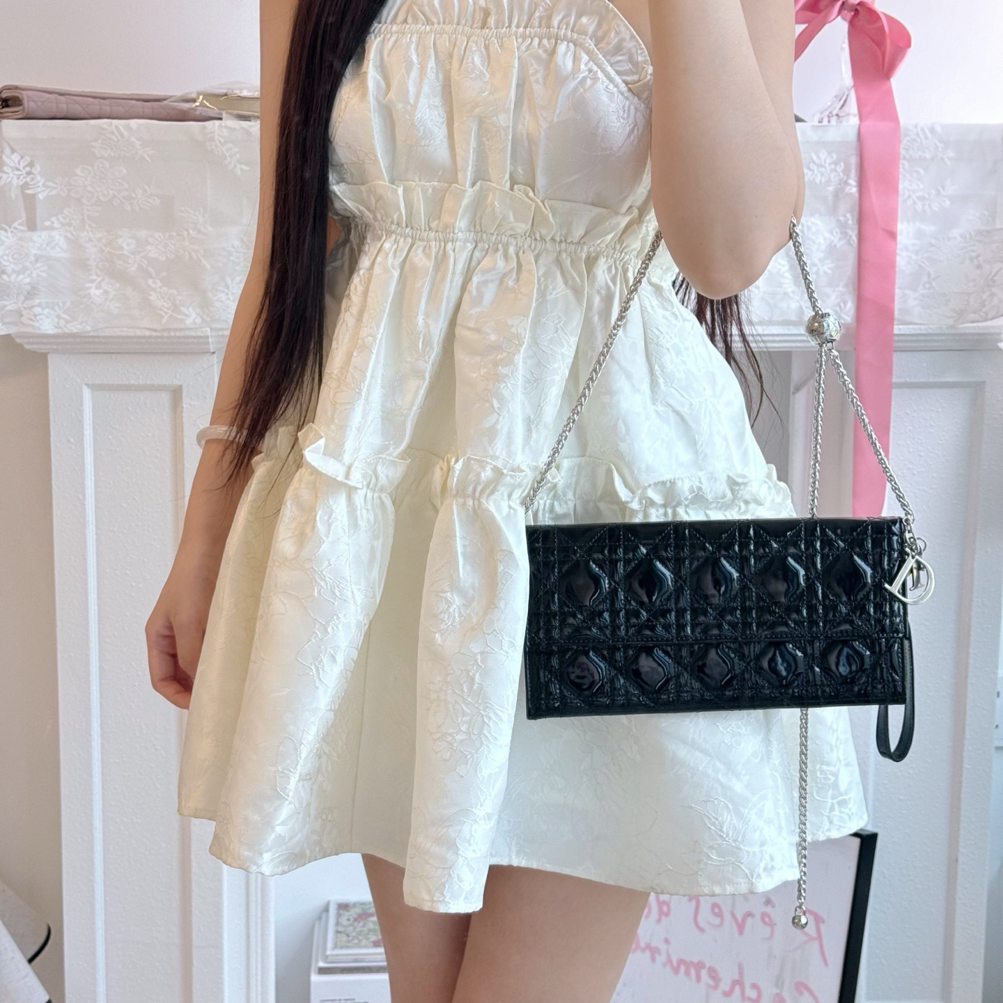 95新 DIOR/迪奥 dior 黑银漆皮手拿