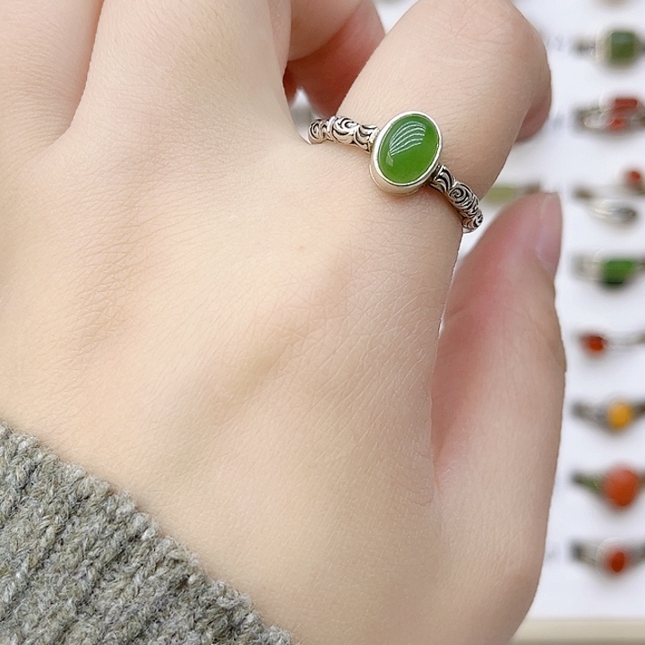 和田玉戒指银S925镶嵌天然