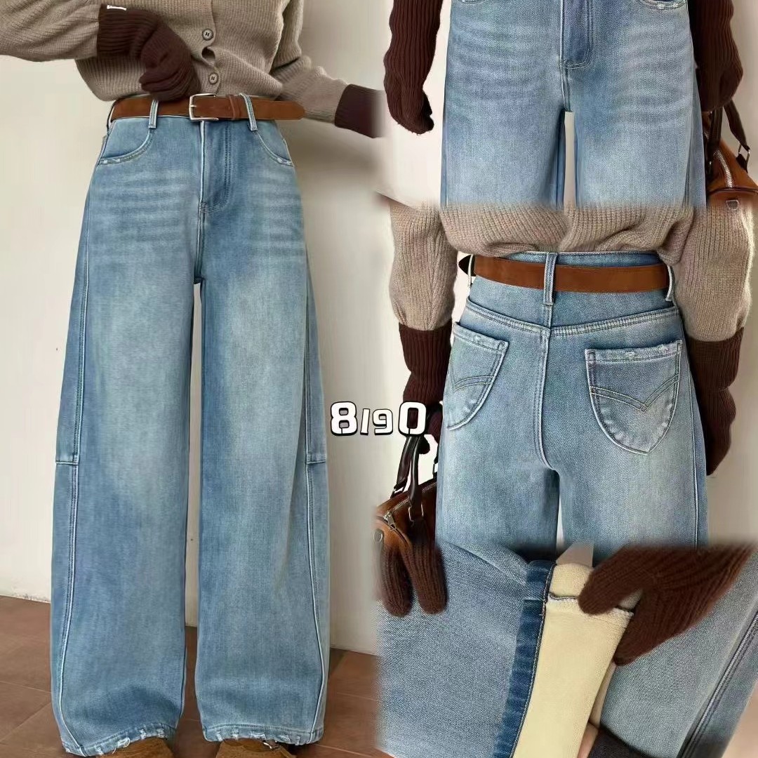 8190冬季新款加绒牛仔裤窄版长裤弯刀裤 卡码拍小