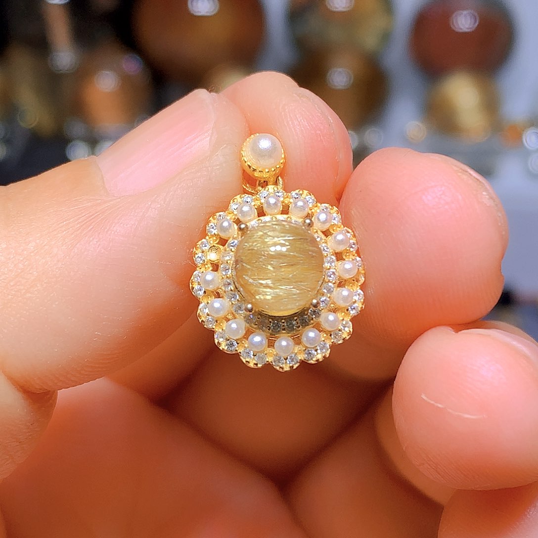 水晶吊坠银S925镀金镶嵌天然水晶