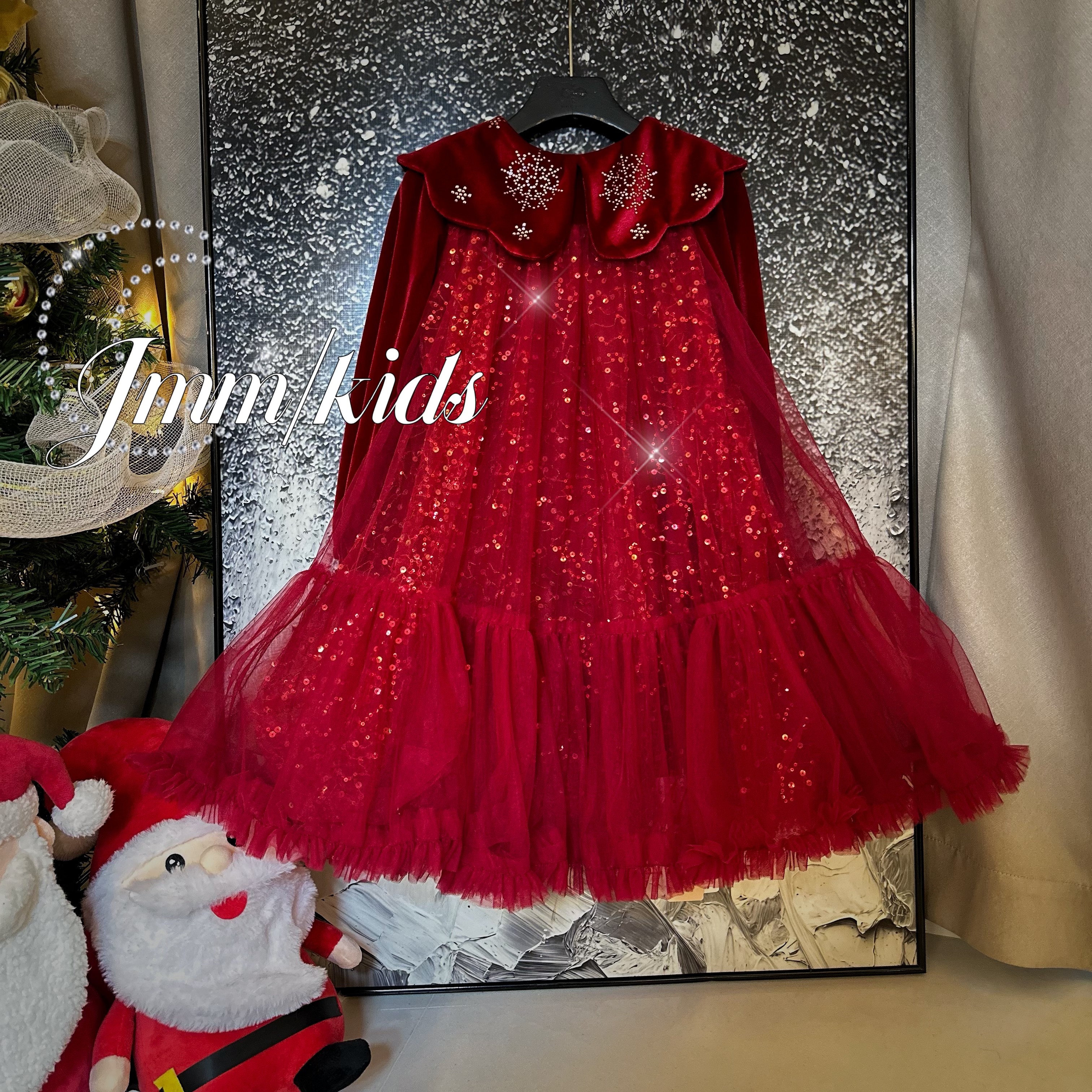 单品-红礼服C019 女童亮片网纱公主裙时髦红色连衣裙宝宝冬季新款