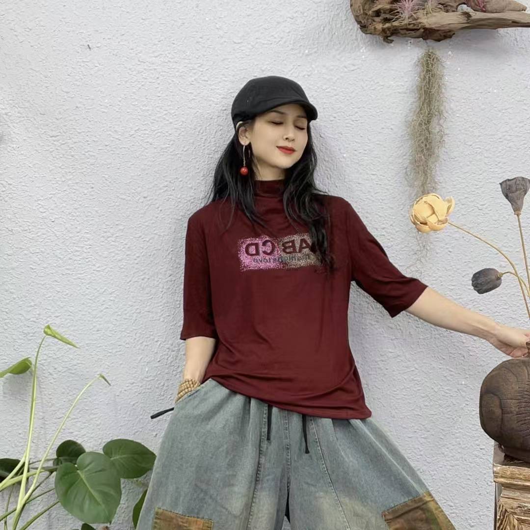 2466中领印ABCD字母半袖打底上衣（长61胸围112-160