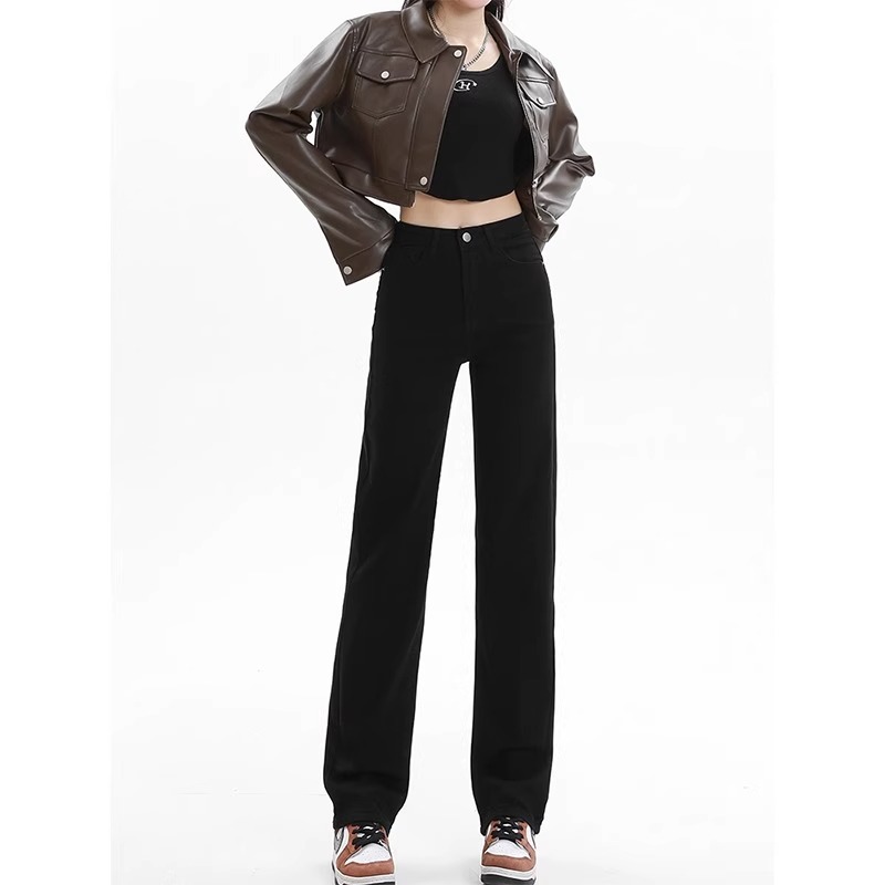 黑色窄版直筒牛仔裤2025秋季女大码高腰显瘦显高遮肉阔腿长裤