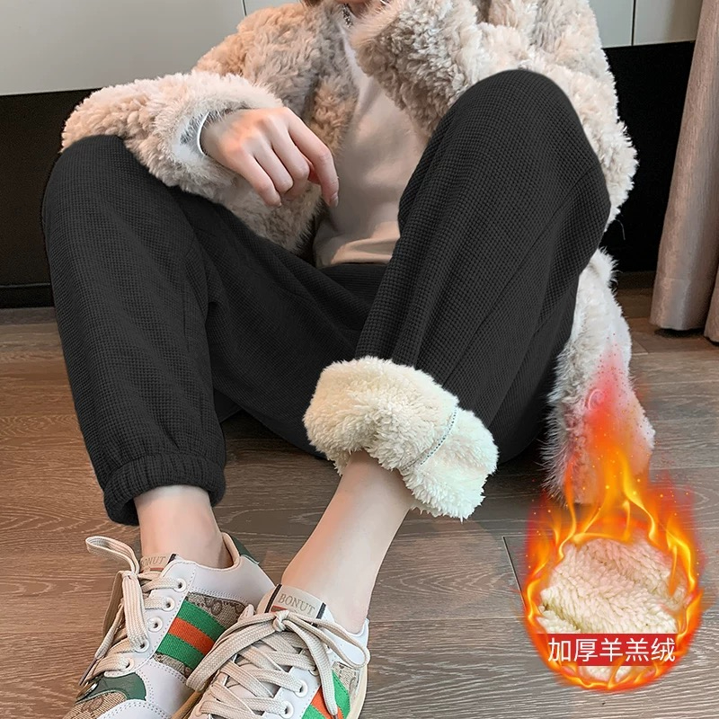 2025羔羔绒孕妇裤冬季加厚加绒华夫格黑色休闲大码运动束脚托腹裤