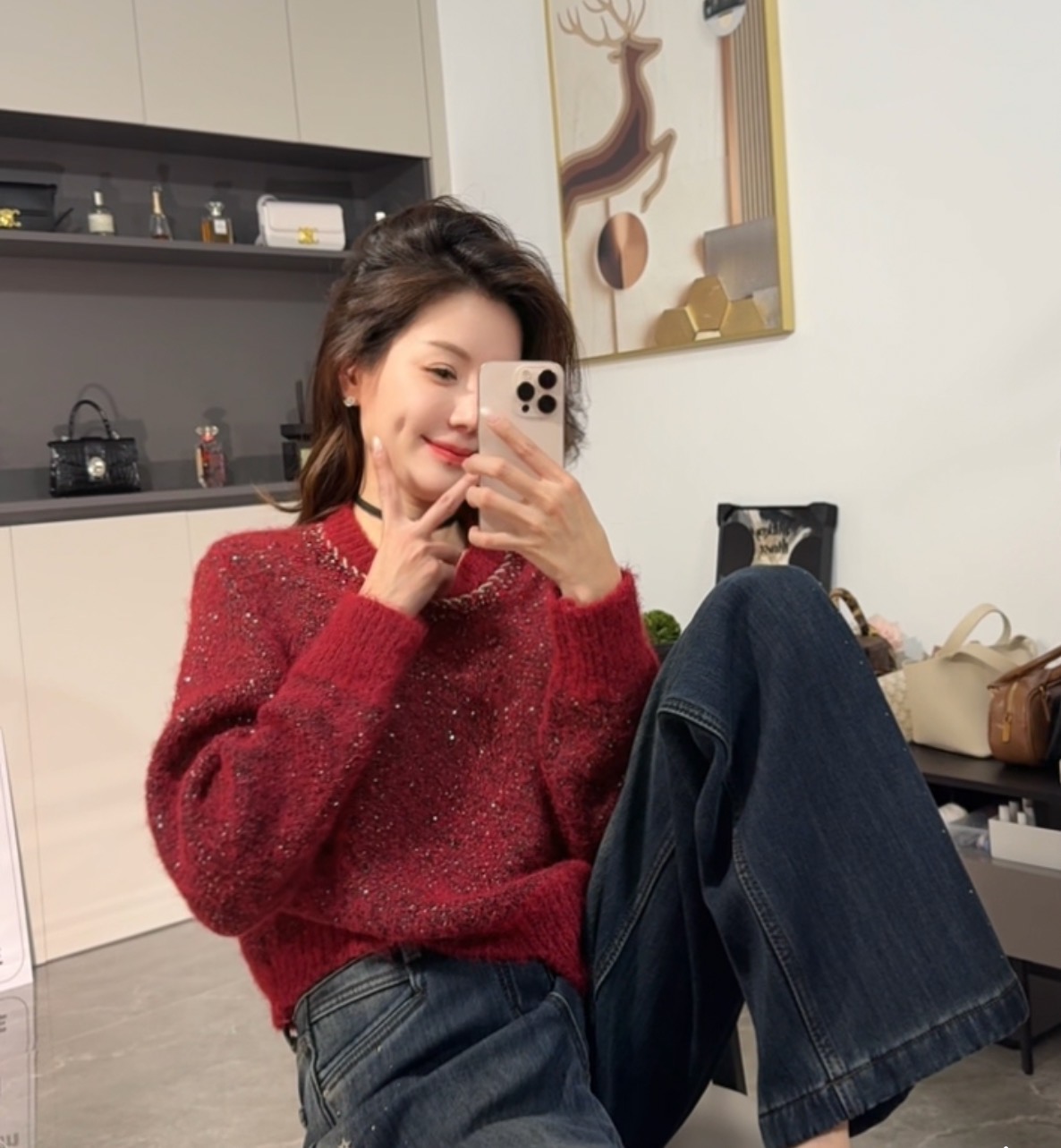 2025~韩系高奢气质优雅领口订钻亮片针织毛衣8225
