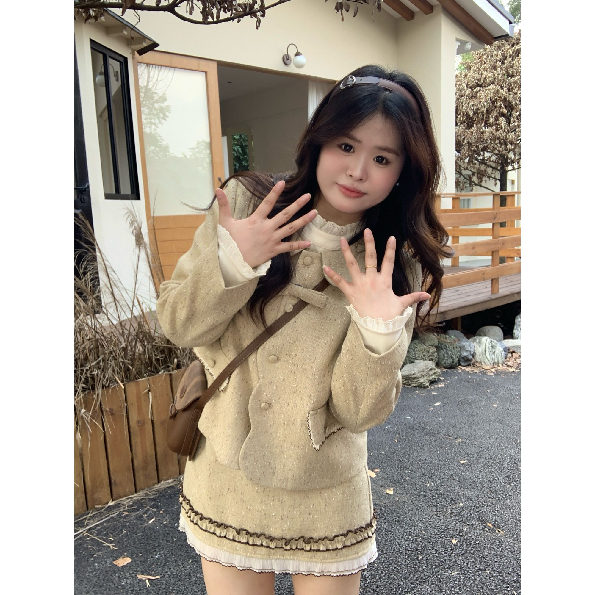 【芝士限定】大头婷微胖定制娃娃领甜美夹棉外套高腰半裙套装 ZX179