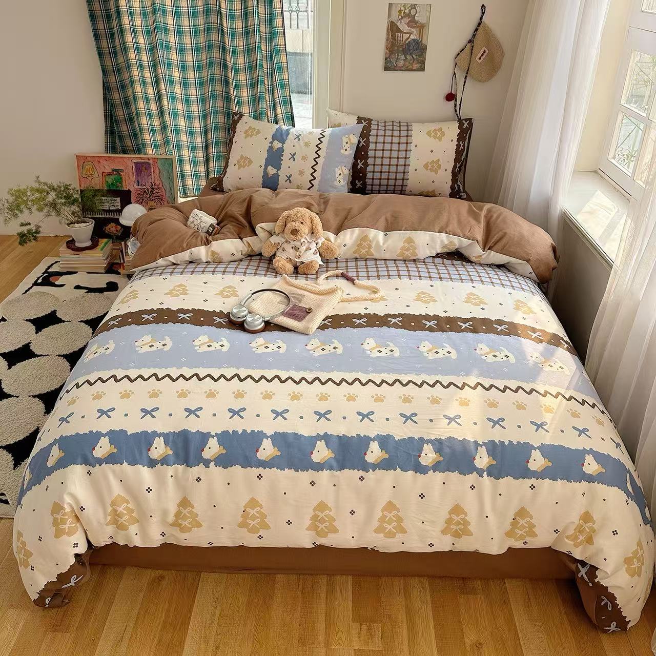 2026新款ins小清新费尔岛猫咪全棉纯棉印花四件套床单床上用品