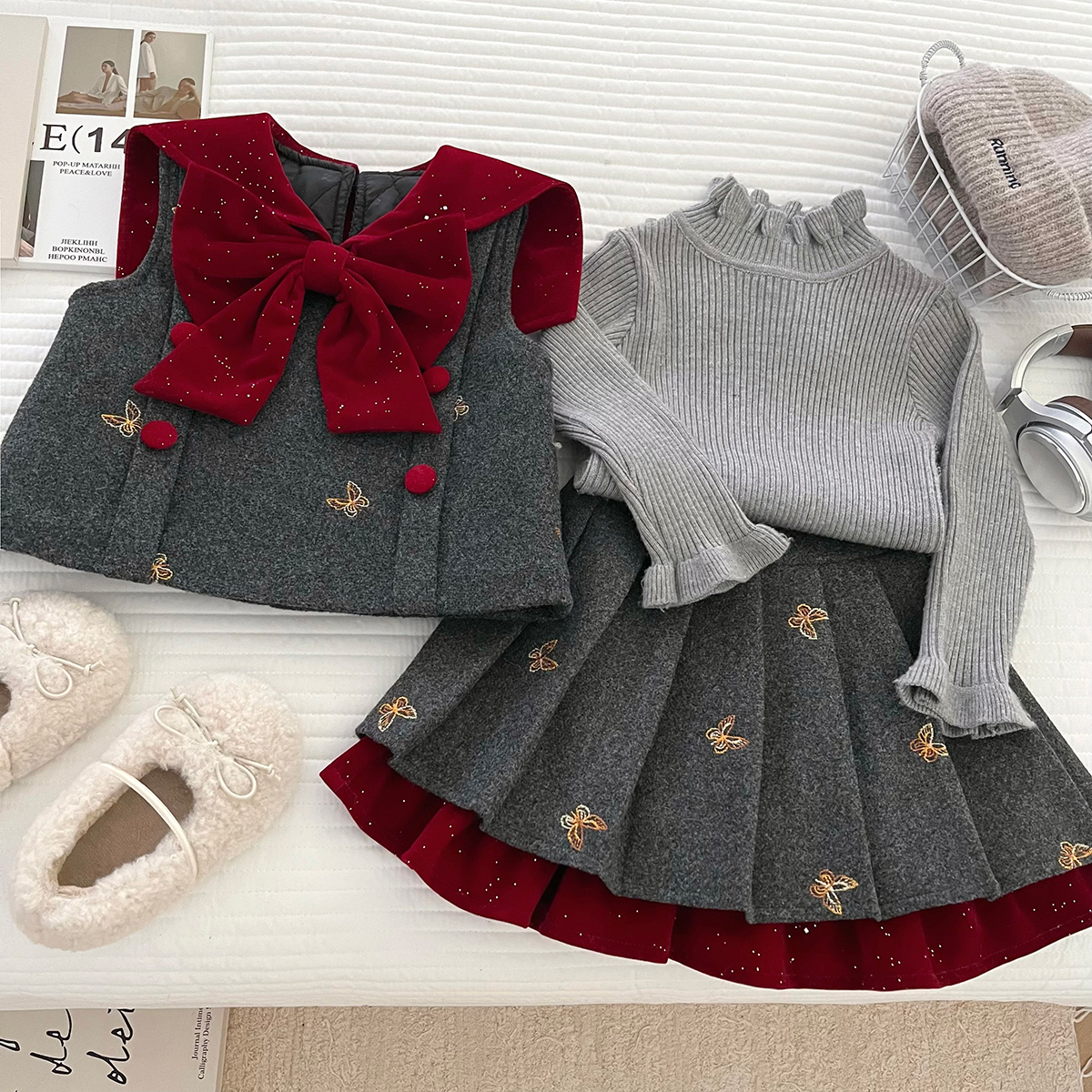 冬季女童加厚小香风爱心蝴蝶结翻领外套背心连衣裙套装DS20029