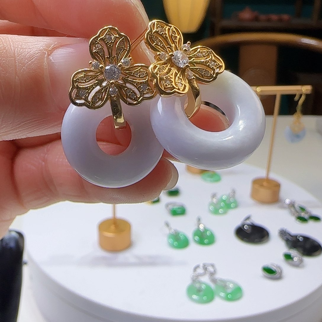 翡翠耳饰银S925镶嵌天然缅甸a货翡翠