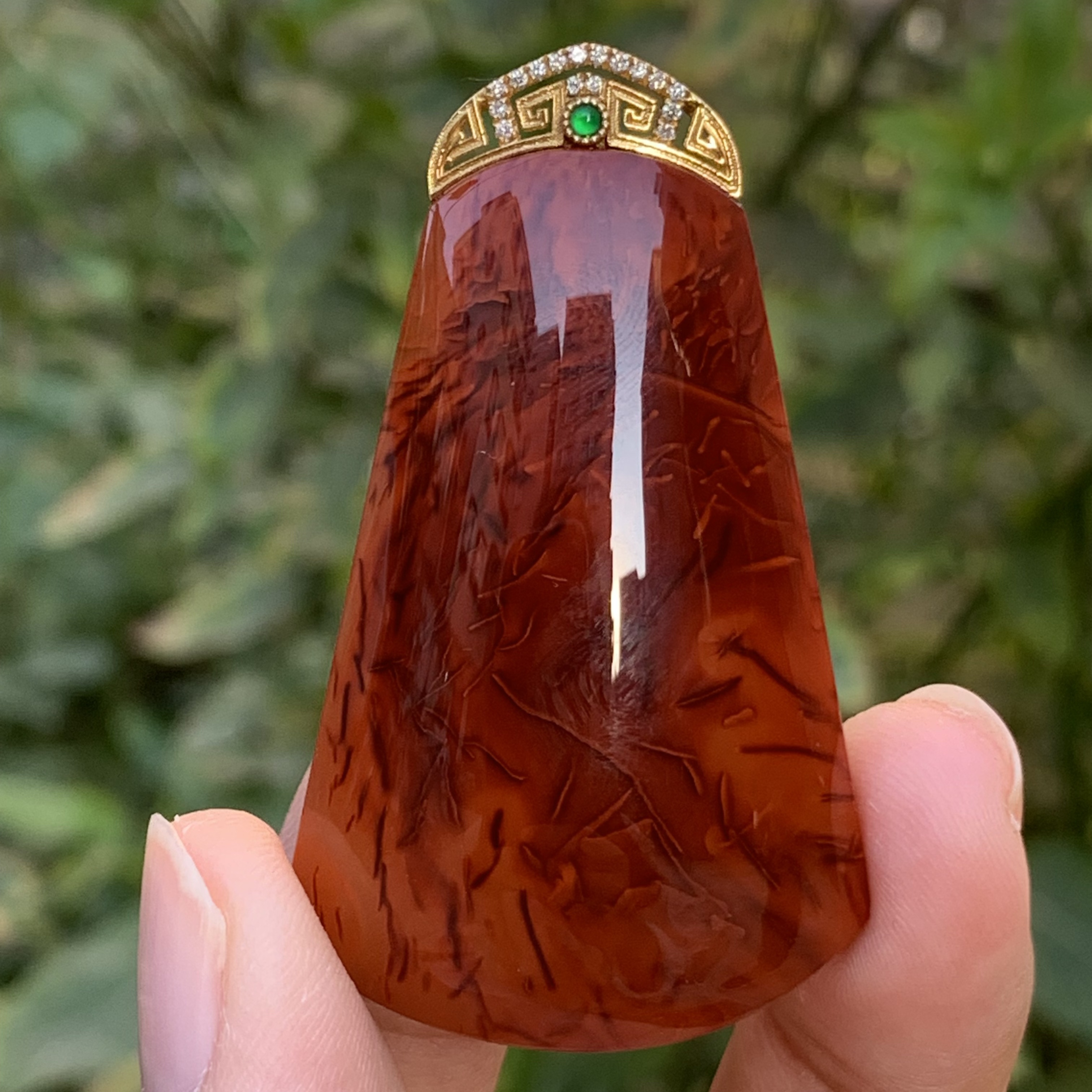 (传承全品级) 南红瓦西牛血红火焰无事牌吊坠 51.3*30.2*11.8