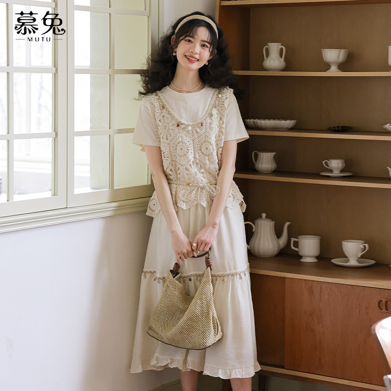 【小铃铛】25599短袖t恤镂空背心吊带半身裙三件套法式复古套装