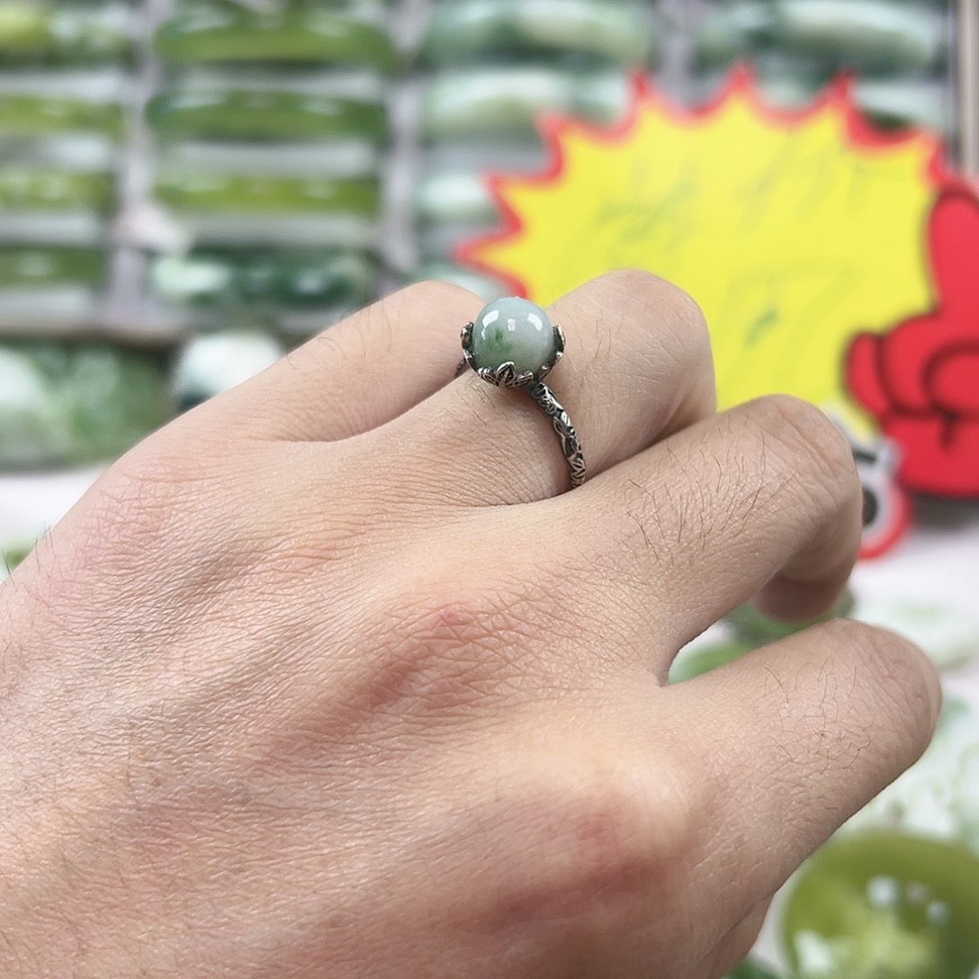 蛇纹石玉银S925镶嵌戒指