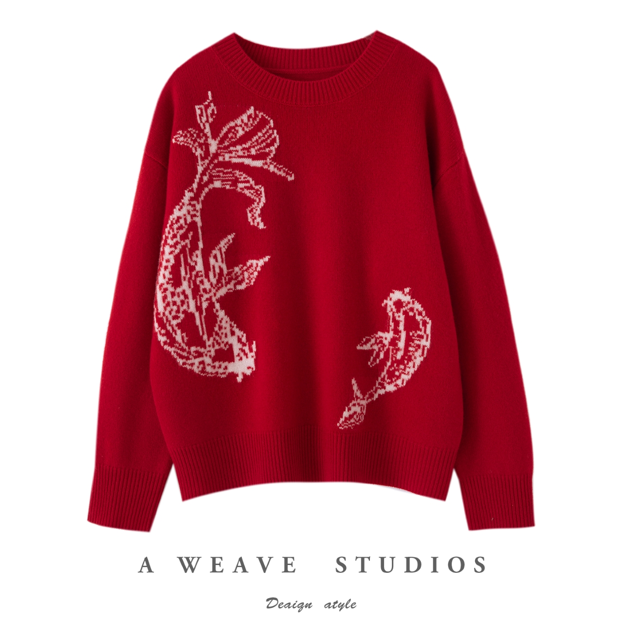 【新年款年年有余】加厚圆领100羊毛提花针织套头毛衣本命年红