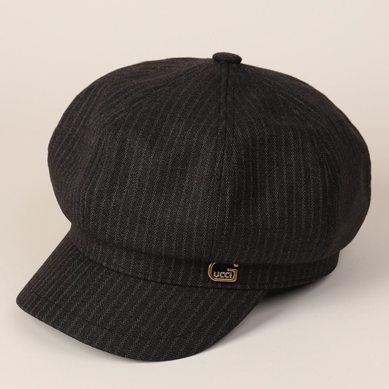 秋季新款帽子男女通用日系文艺条纹鸭舌帽百搭八角帽报童帽