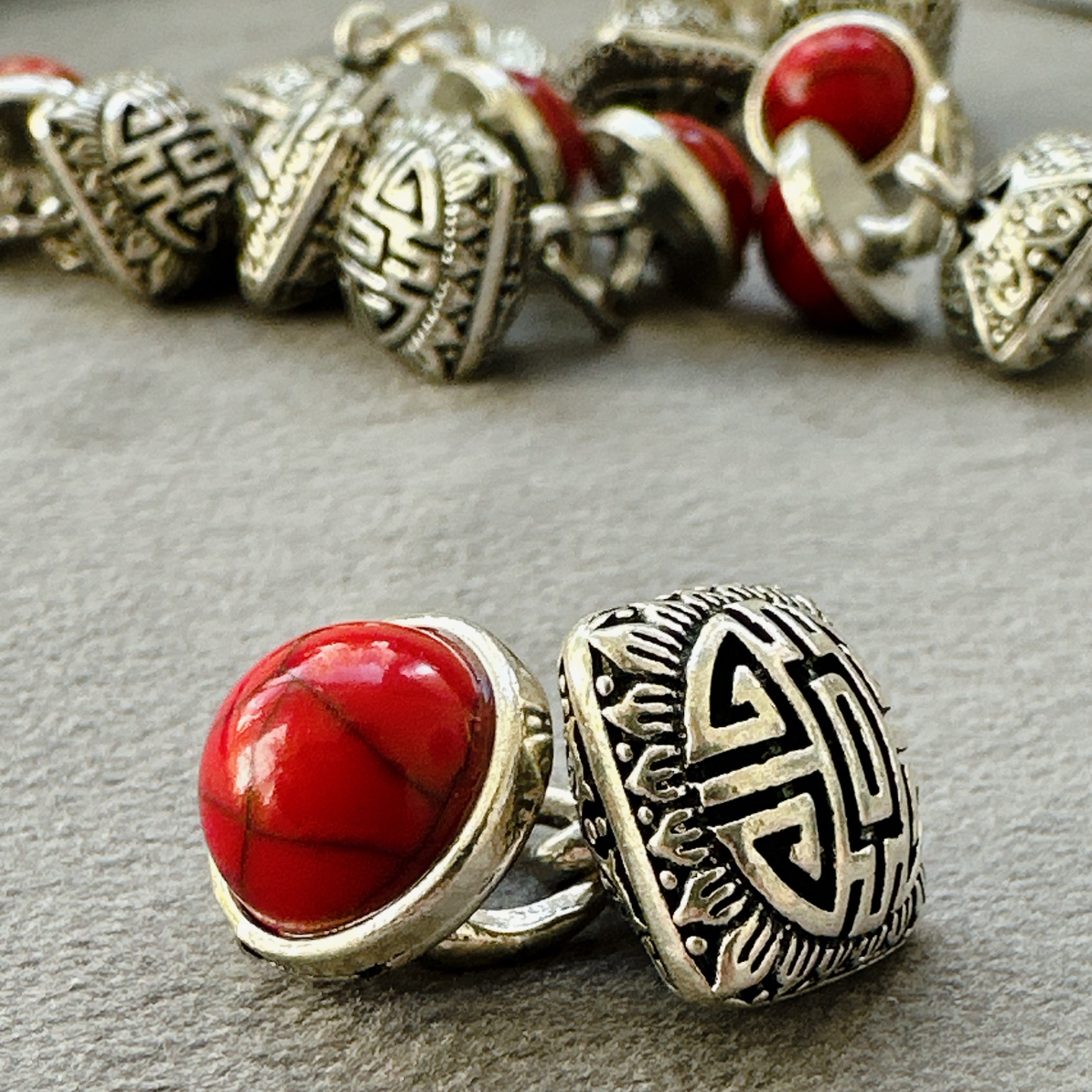 12mm新中式国风红色天然石银色金属双拼旗袍汉服古装宋锦辅料配饰