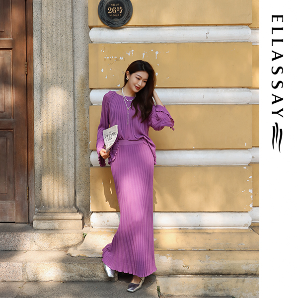 ELLASSAY/歌力思2025早春精致都市摩洛哥紫千层毛衫裙EWE361M0380