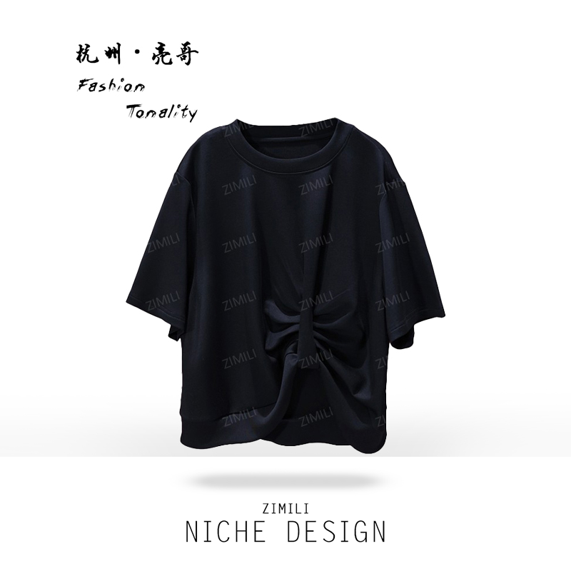 【亮哥女装】2025欧版时装周黑色缎面蝴蝶结休闲气质短袖9012-D4