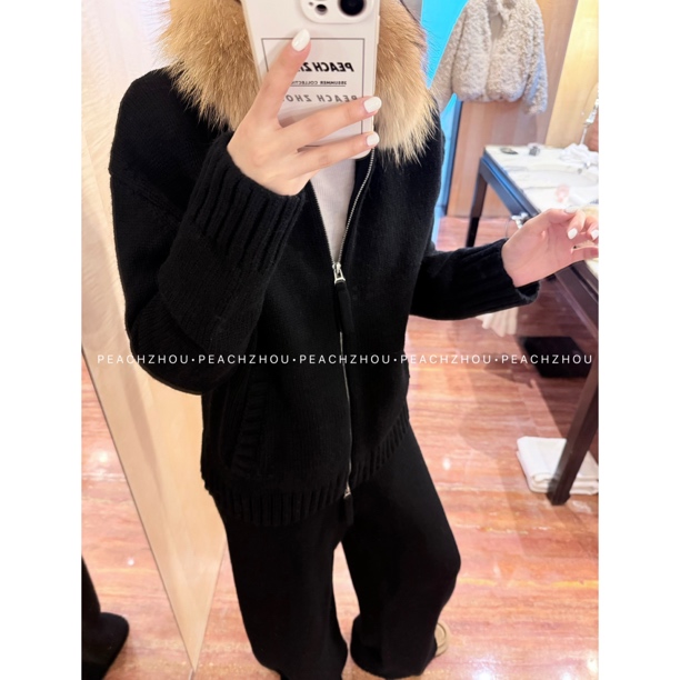 PEACHZHOU 羊毛混纺可拆卸貉子毛领拉链毛衣外套松紧腰针织阔腿裤
