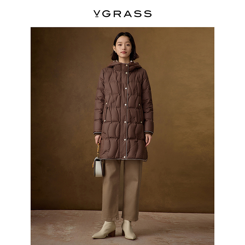 VGRASS异形绗缝95鸭绒羽绒服冬季新款分格充绒长款外套VSY2P4722D