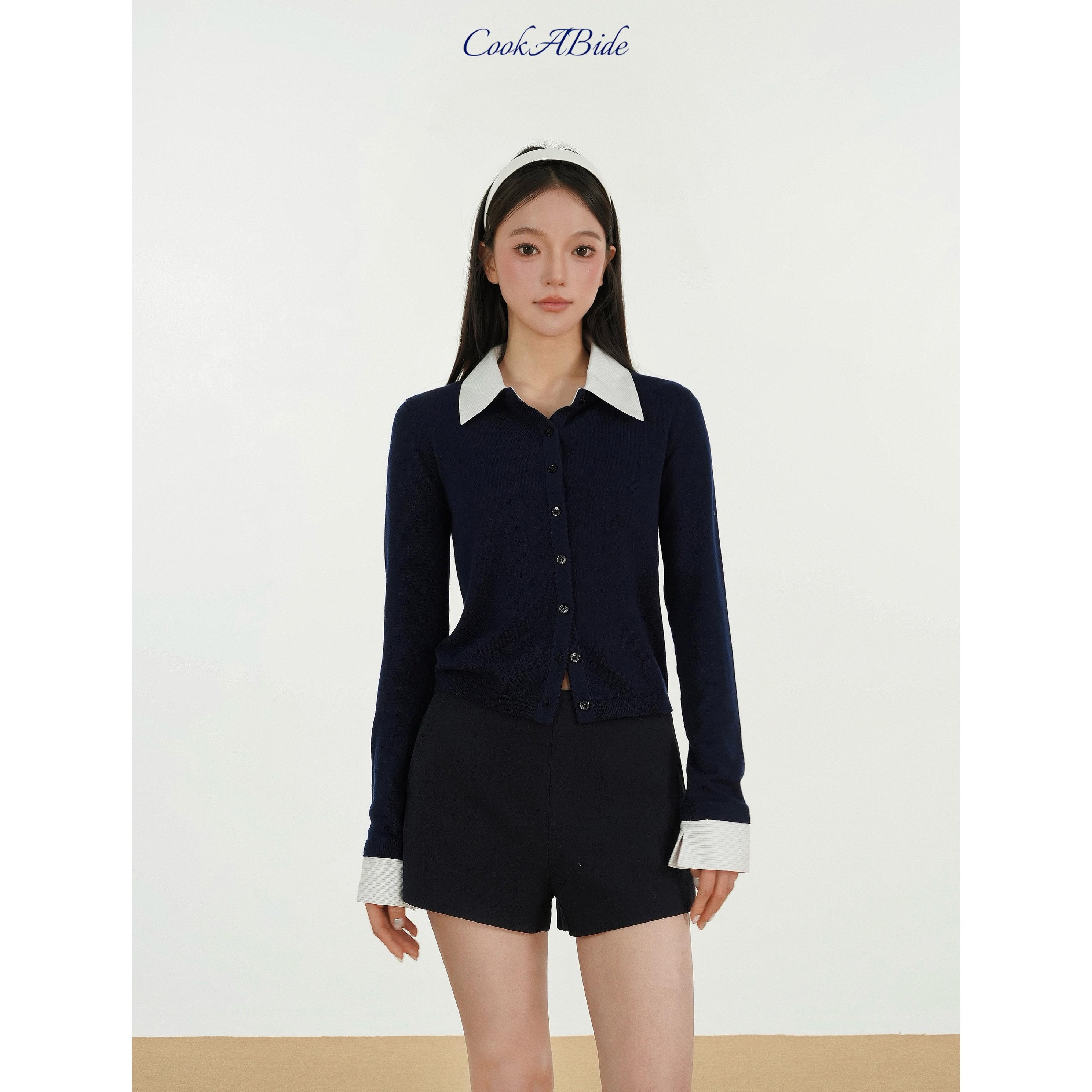 CookABide 衬衫领假两件拼接羊毛针织开衫