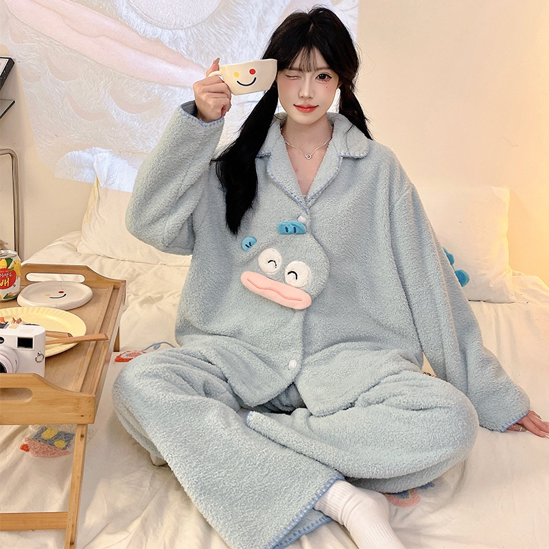 女士冬季加绒加厚珊瑚绒卡通长袖长裤可爱保暖睡衣套装
