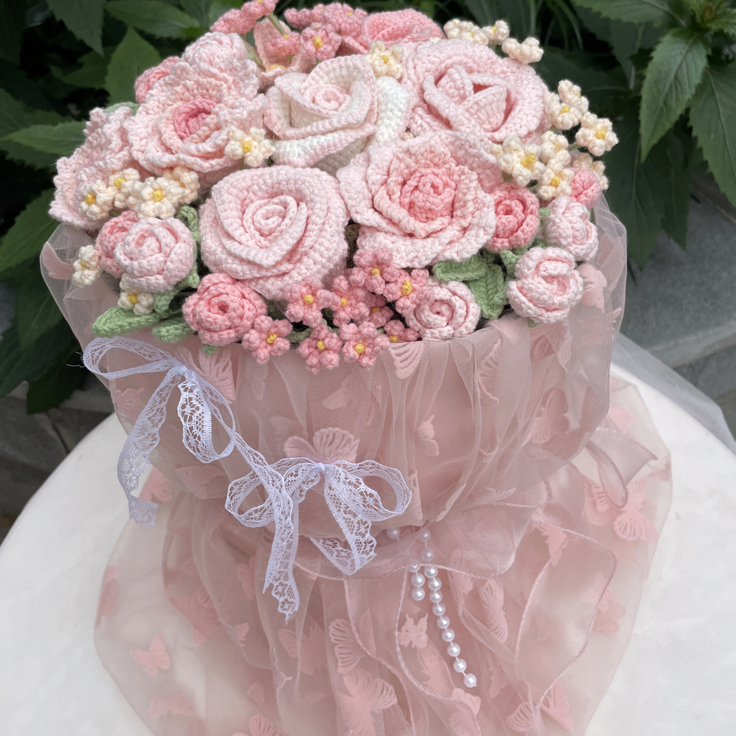 纯手工钩织粉色系洛神玫瑰仙女纱花束女生生日情人节礼物成品
